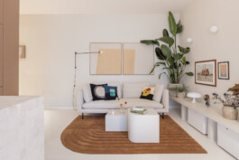 fotografo interni bologna interior design divano bianco con tappeto marrone e pianta 